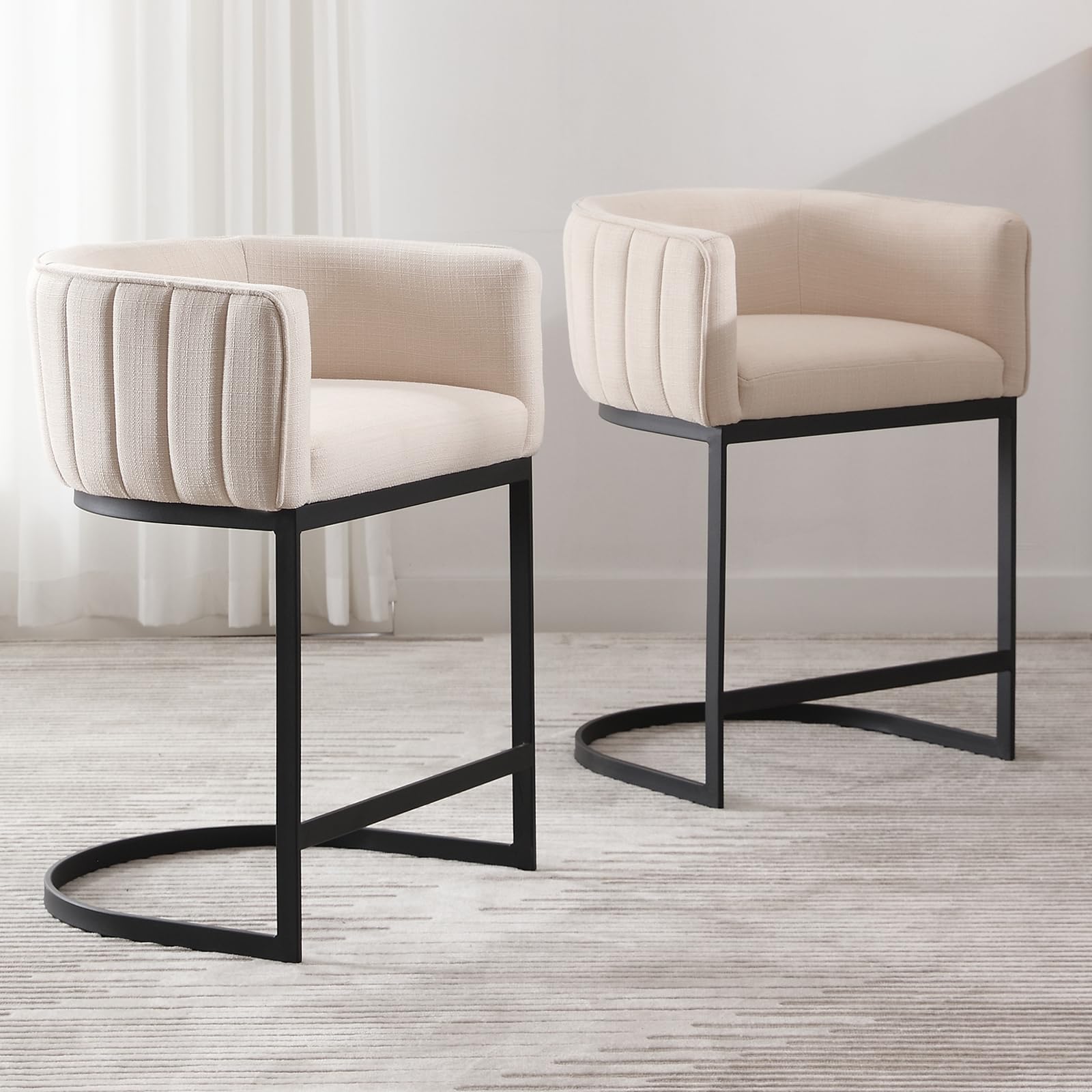 LZAREAL Modern Counter Height Bar Stools Set of 2, Linen Fabric Upholstered Stool with Black Metal Frame, 24 Inch Kitchen Island Stool for Home Bar &