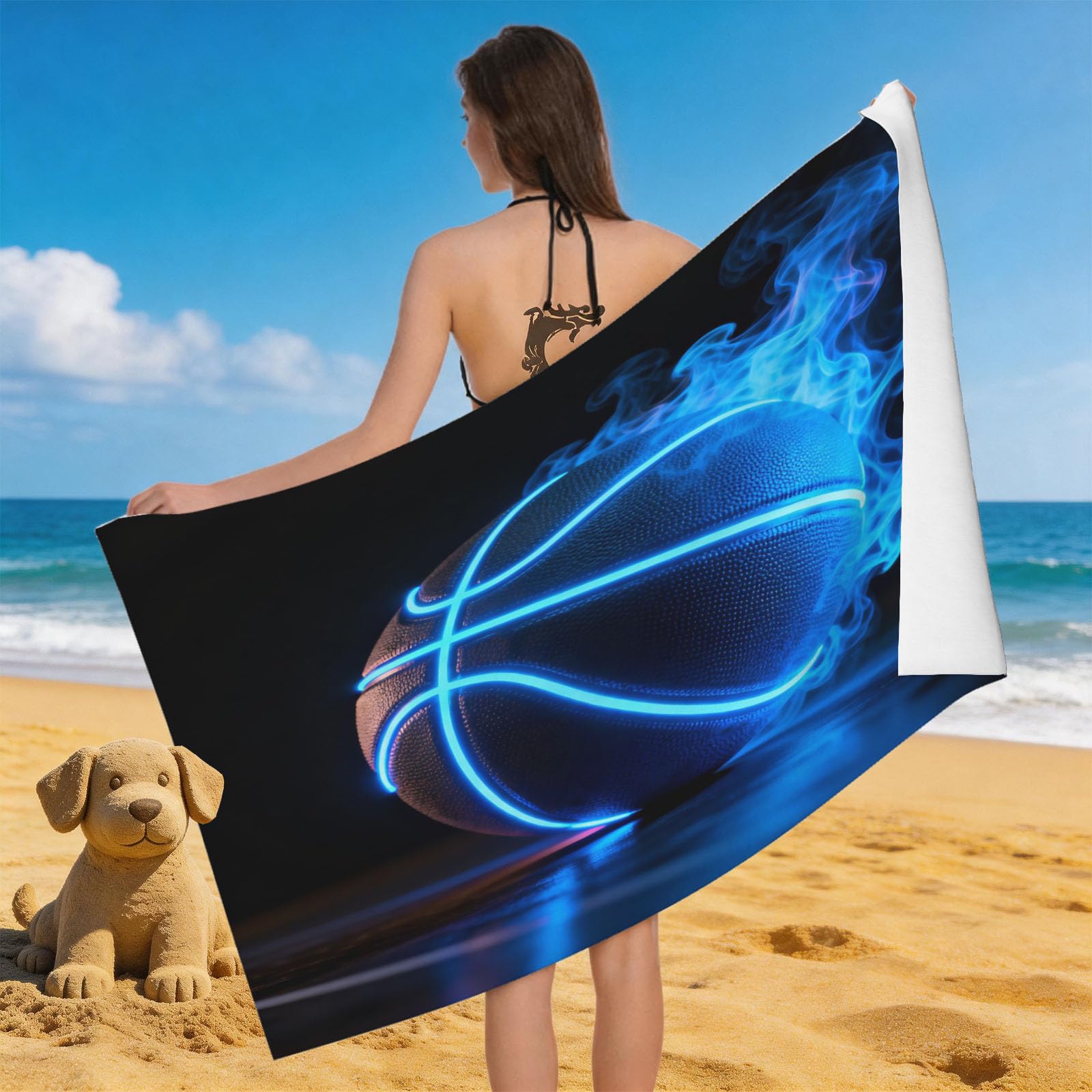 Leichong 3D Glowing Basketball Beach Towel Microfiber Soft Quick Dry for Adults, Blue Flame Bath Towel Lightweight Soft Absorbent for Travel Swimming Pool Sports, 75 x 150 cm