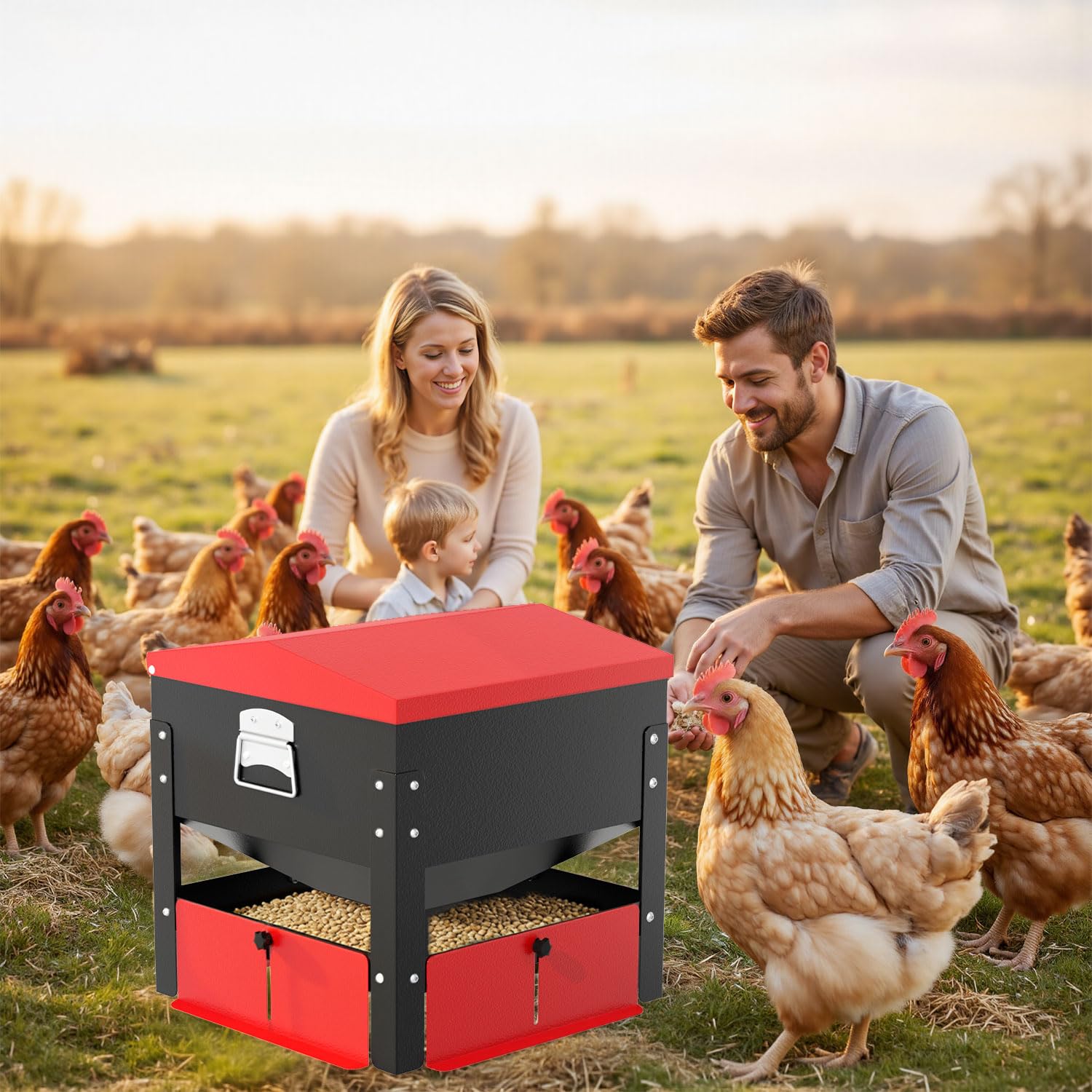 Comedero automático de pollo de 100 libras, acero galvanizado, resistente a la intemperie y tapa segura, comedero de aves de corral de gran capacidad para uso en exteriores, caja de alimentación sin