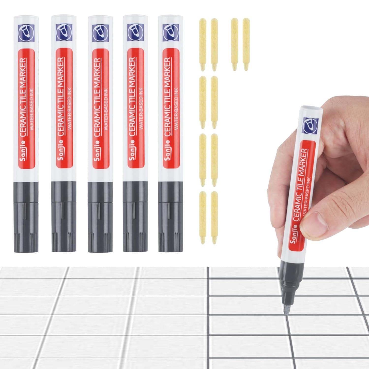 6 Penne Sbianca Fughe Piastrelle - Pennarello Ripristino Stucco Con Punte Di Ricambio Per Bagno E Cucina