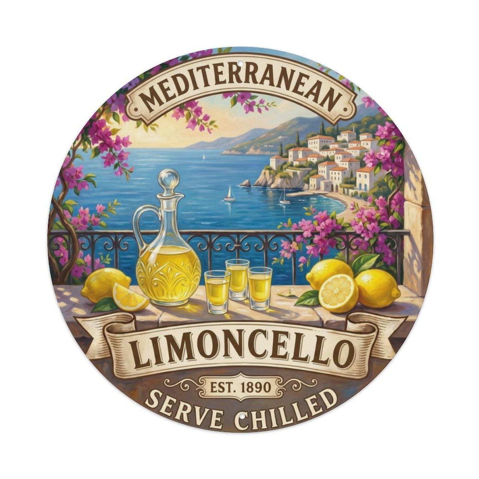 Fqcyn Style Coastal Limoncello Liqueur Metal Tin Sign Plaque Wall Decor For Cafe, Club Bar, Office, Home Garden Round Metal Poster 8X8inch