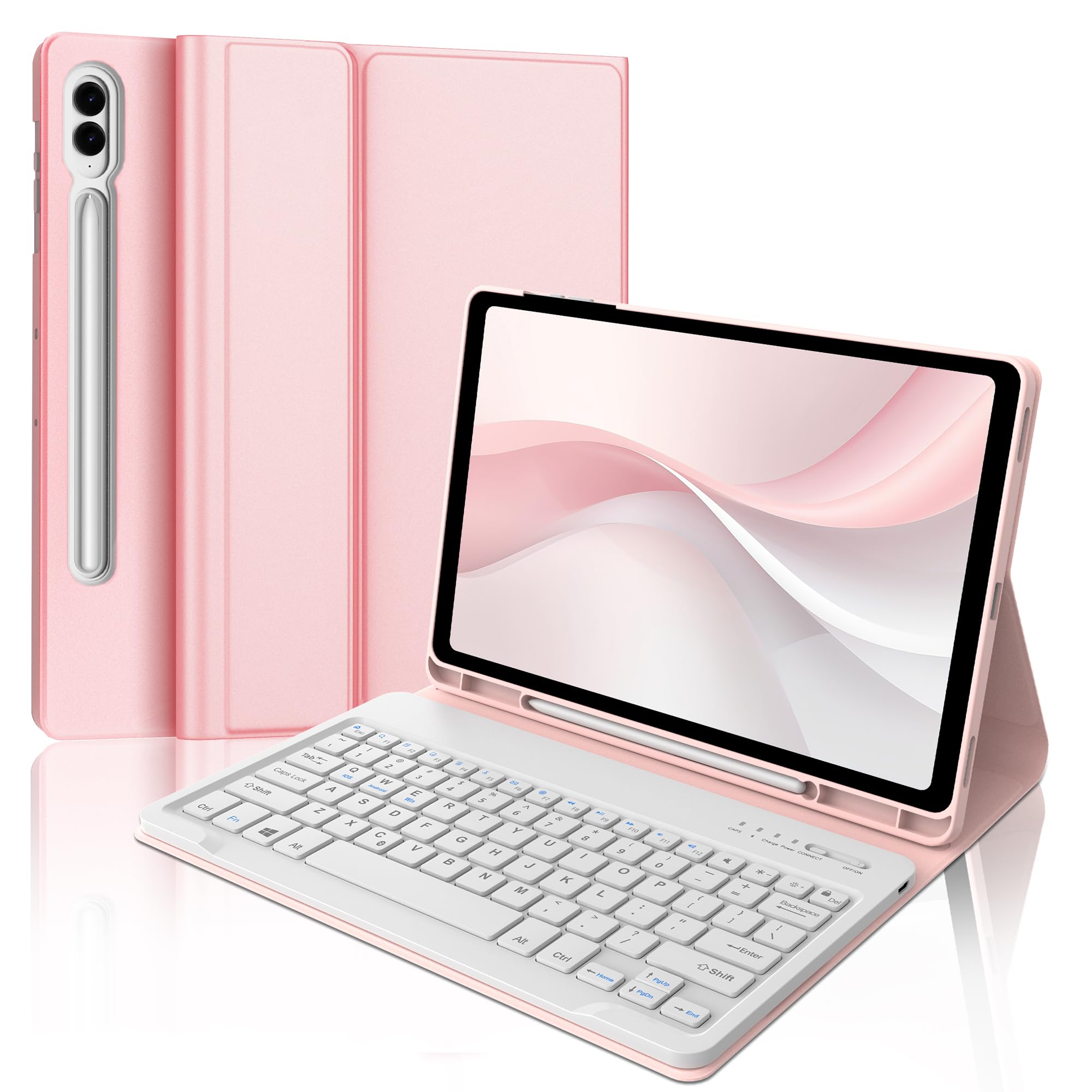Samsung Galaxy Tab S10+ Plus/S9+ Plus/S9 FE+ Plus/S8+ Plus/S7+ Plus/S7 FE 12.4 inch Case with Keyboard, Detachable Wireless Bluetooth Keyboard Case, Slim Folio Smart Cover with S Pen Holder, Pink