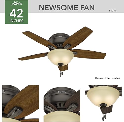 Miniatura 2 de Hunter Fan Company, 51081, ventilador de techo Newsome Premier de bronce de bajo perfil de 42 pulgadas con kit de luz LED y cadena de tracción