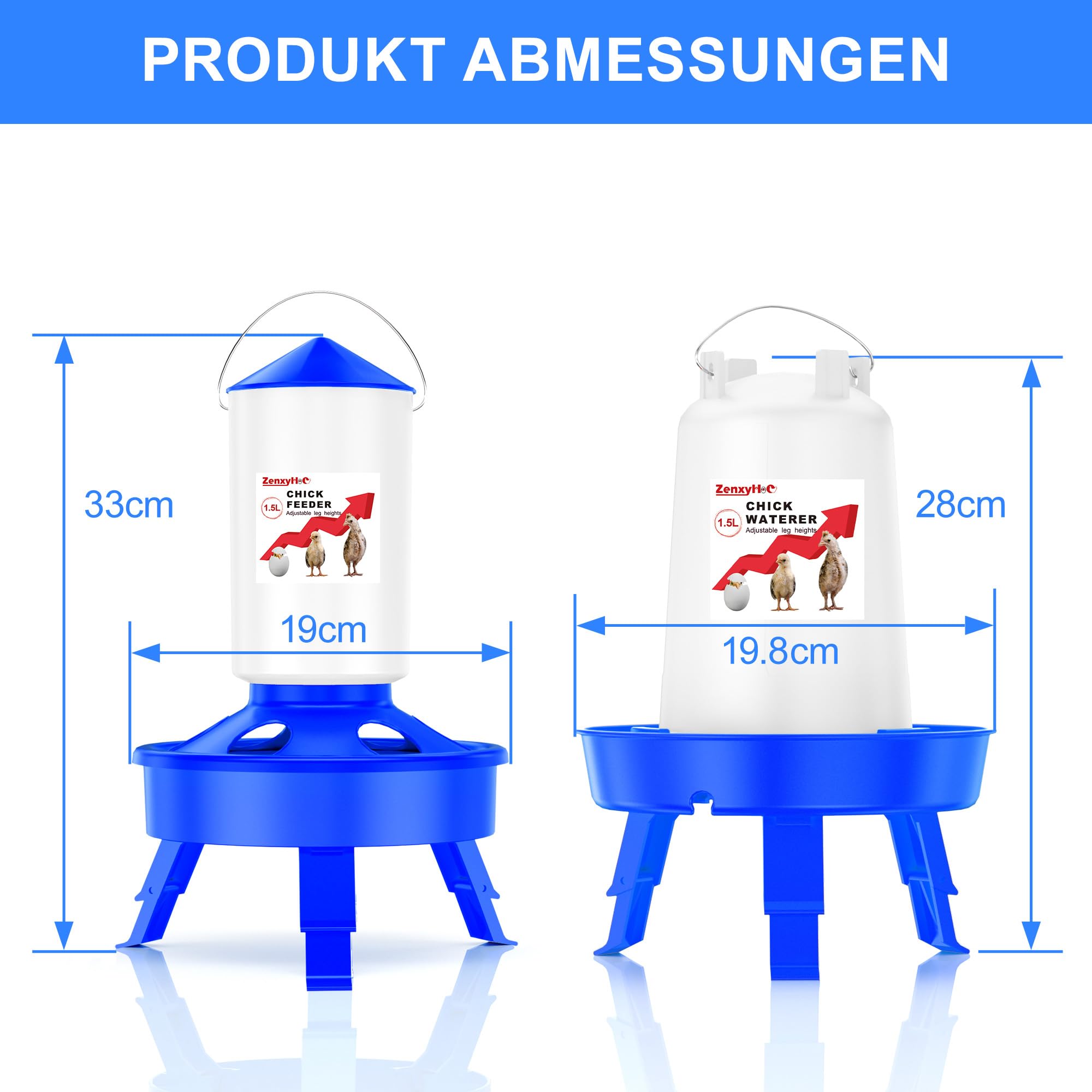 ZenxyHoC Küken Futterautomat und Tränke Set, 1,5 L Hühner Futterautomat und 1,5 L Hühnertränke mit 3 Höhenverstellbaren Höhen für Hühnchen, Blau | Füllung von oben, inklusive Schaufel, 3 verstellbare Höhen, Haken und Anti-Ertrinken-Design. Aus BPA-freiem