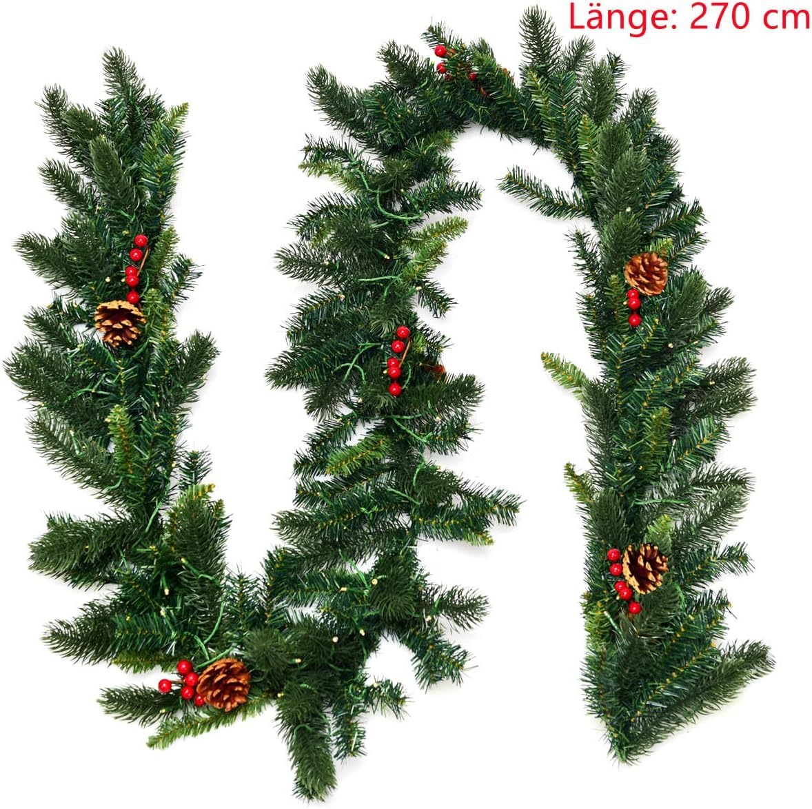 GYMAX Guirnalda de Navidad Decorativa de 270 cm con Función de Temporizador e Iluminación de 100 LED, Guirnalda de Abeto Artificial con Bayas Rojas y Piñas, para Puerta, Ventana, Chimenea, Escaleras