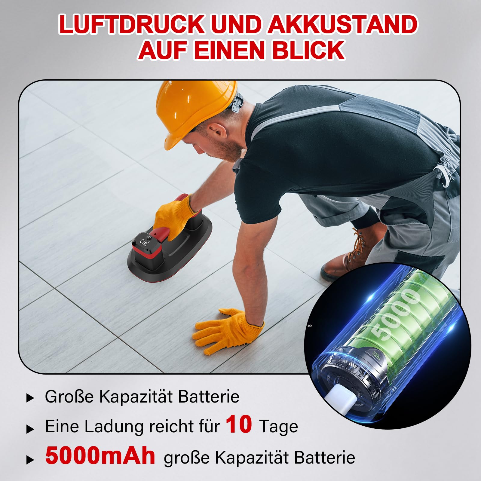 Akku Saugheber 300 KG, Upgrade Saugheber mit 5000 mAh Akku, Auto Nachsaugfunktion,Doppelmotor für Starke Saugleistung, LCD Anzeige, für Fliesen, Glas, Holzplatten, Marmor & Möbel