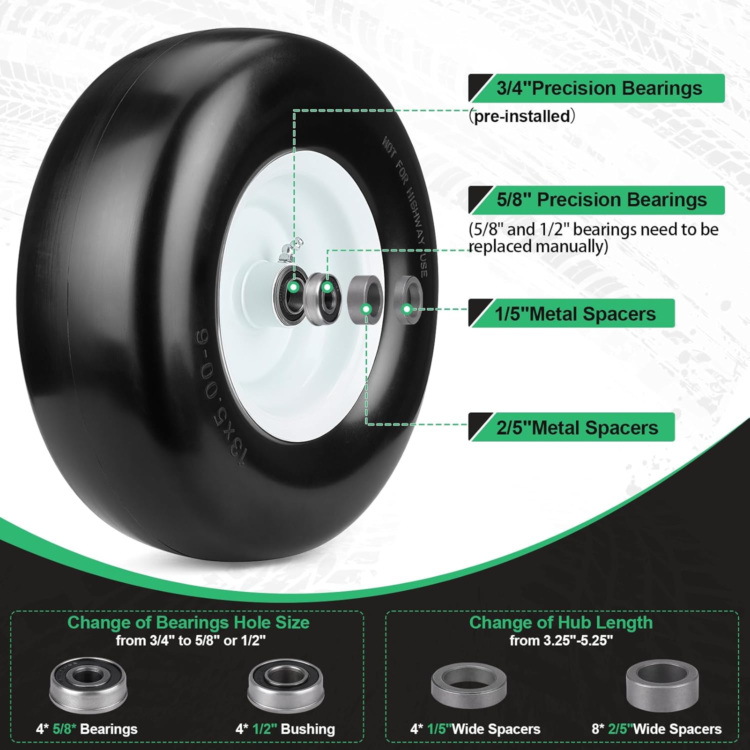 13x5.00-6 Flat Free Lawn Mower Tire and Wheel,13 x 5.00-6 Tires Replacement for Zero Turn Front Tires with 3/4" & 5/8" Precision Bearings,3.25"-5.25" Centered Hub,White 2 PCS