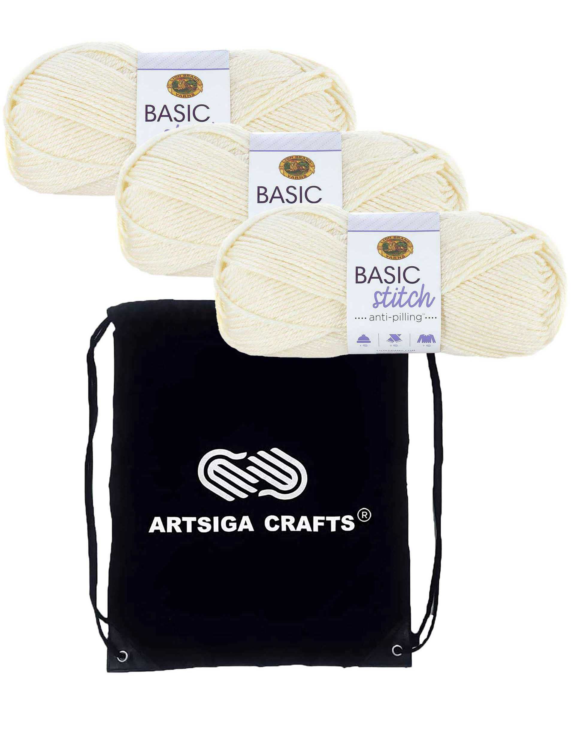 Lion Brand Basic Stitch Anti-Pilling Ecru 202-098 (3-Skeins - Same Dye Lot) Worsted Medium #4 Acrylic Yarn for Crocheting and Knitting - Bundle with 1 Artsiga Crafts Project Bag