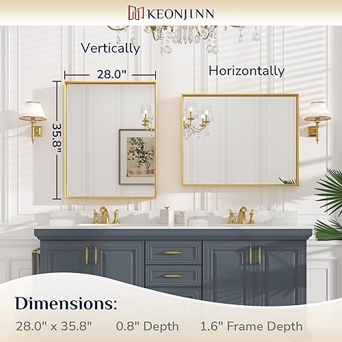 Miniatura 330 de Keonjinn Espejo de baño dorado de 48 x 36 pulgadas, espejo rectangular con marco de metal dorado cepillado, espejo de pared grande rectangular