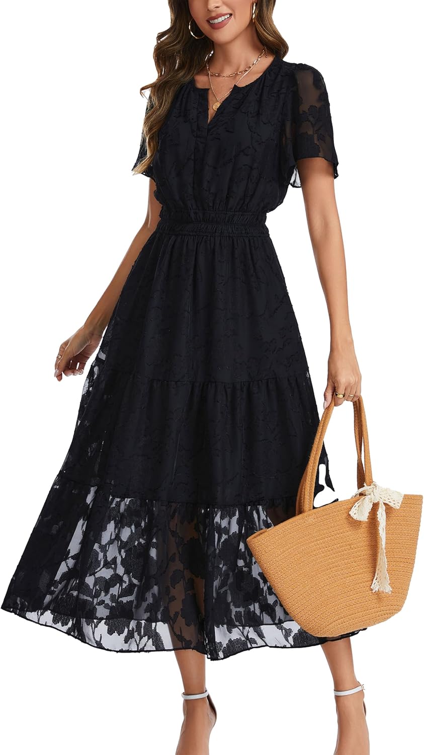 Kormei Womens Summer Casual Maxi Dresses Short Sleeve V Neck Elastic Waist Boho Beach A Line Long Flowy Dress Pockets