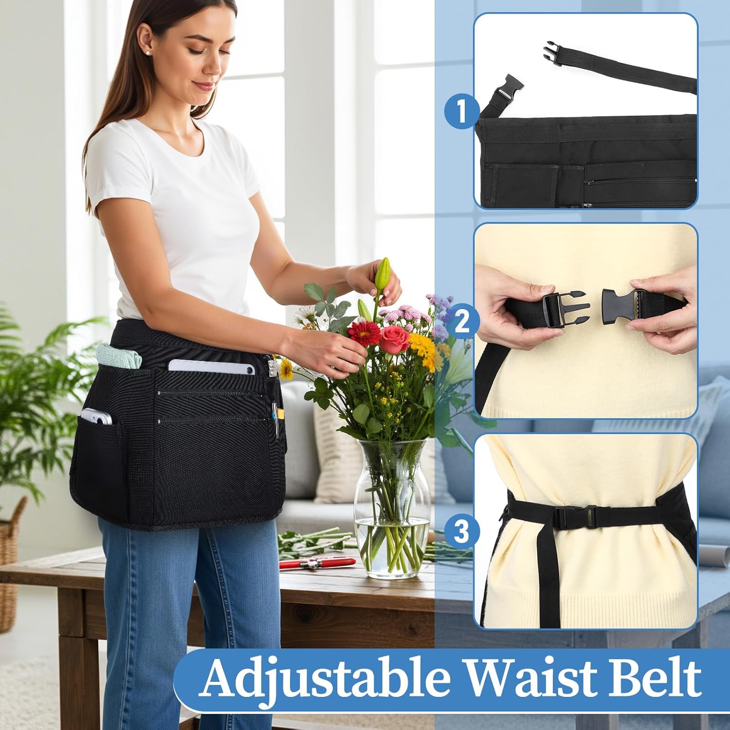 Waitress Server Apron with Multiple Pockets Waterproof Half Apron with Adjustable Belt for Women/Men Waist Aprons for Restaurant, Bar, Bistro (Black) - Image 5