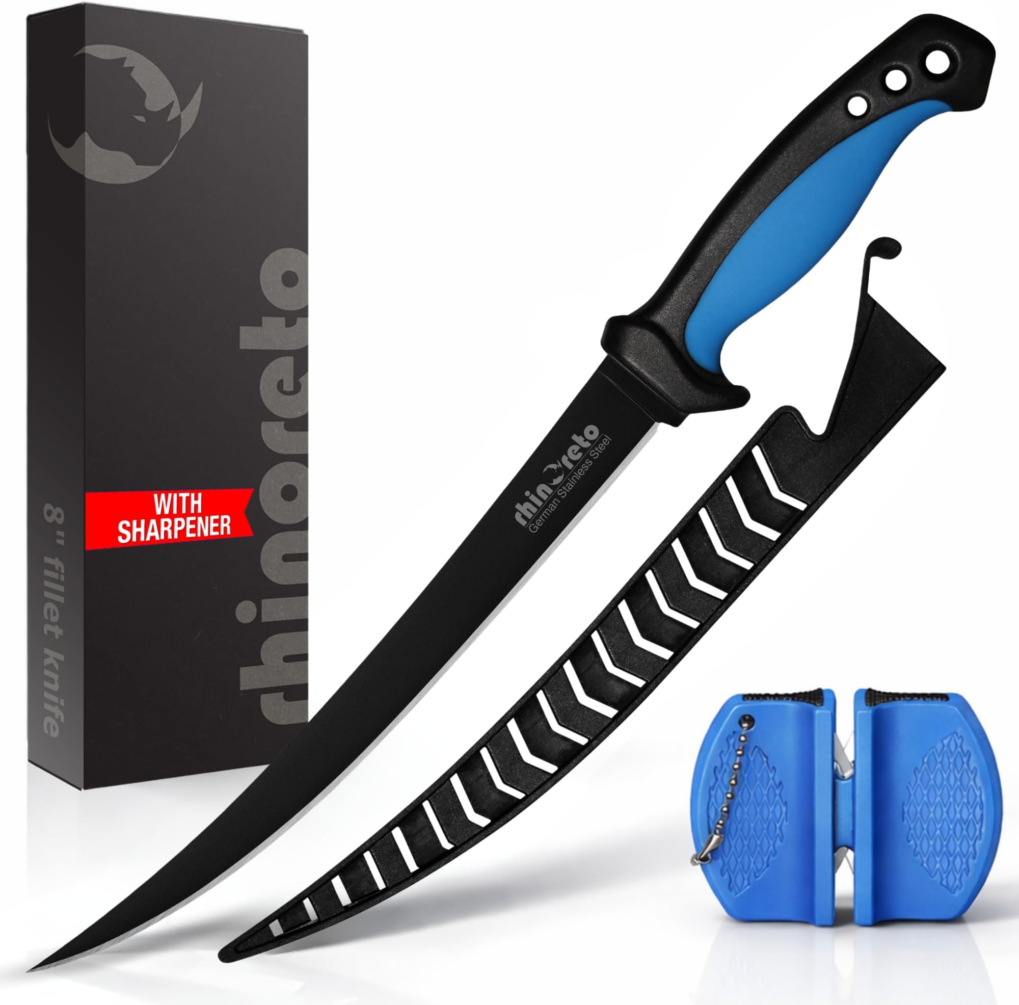 Rhinoreto Fillet Knife for Fish - Razor Sharp G4116 German Stainless Steel Blade, 8 Inch Professional Filleting & Boning Knife with Non-Slip Handle, Protective Sheath & Sharpener