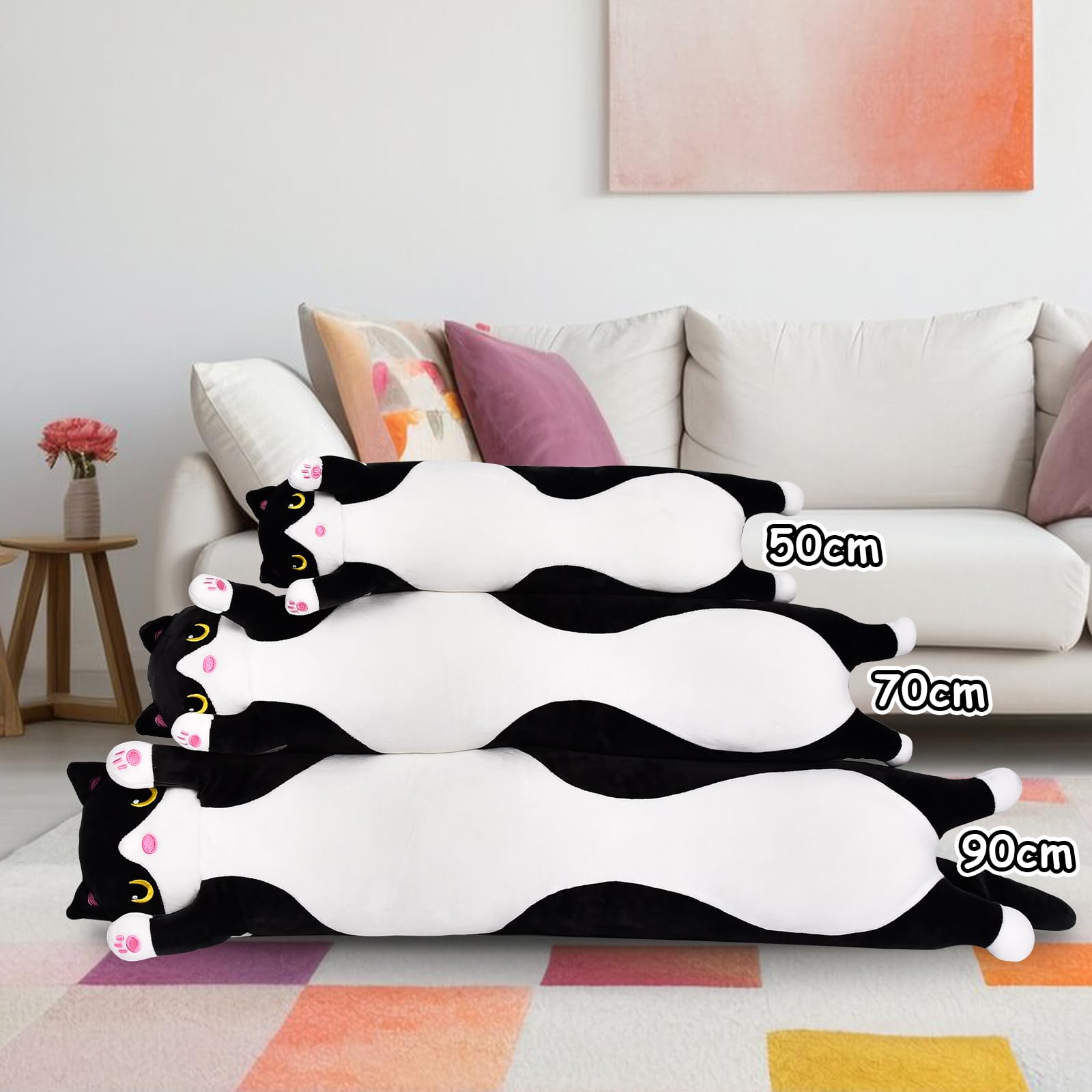 Aragallant Cuscino Gatto Lungo, Peluche Cuscino Lungo, Cuscino Peluche Gatto Morbido adatto ai bambini a partire dai 3 anni, Regali di Natale e compleanno per bambini (Nero, 70CM)