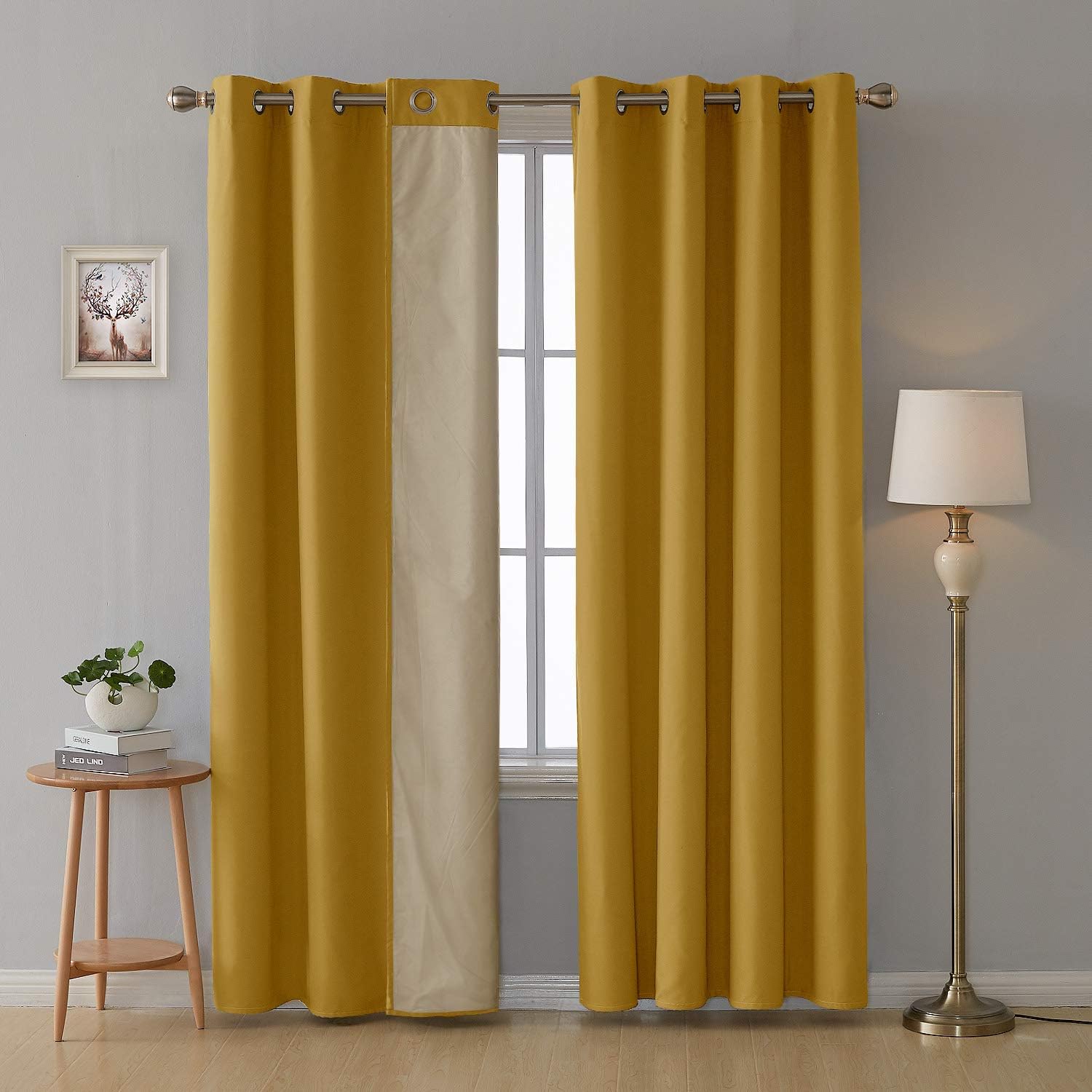 Deconovo Double Layer with Silver Lining Light Reflecting Curtains Thermal Insulated Curtains Eyelet Curtains for Living Room Mustard 55x102 Inch 2 Panels