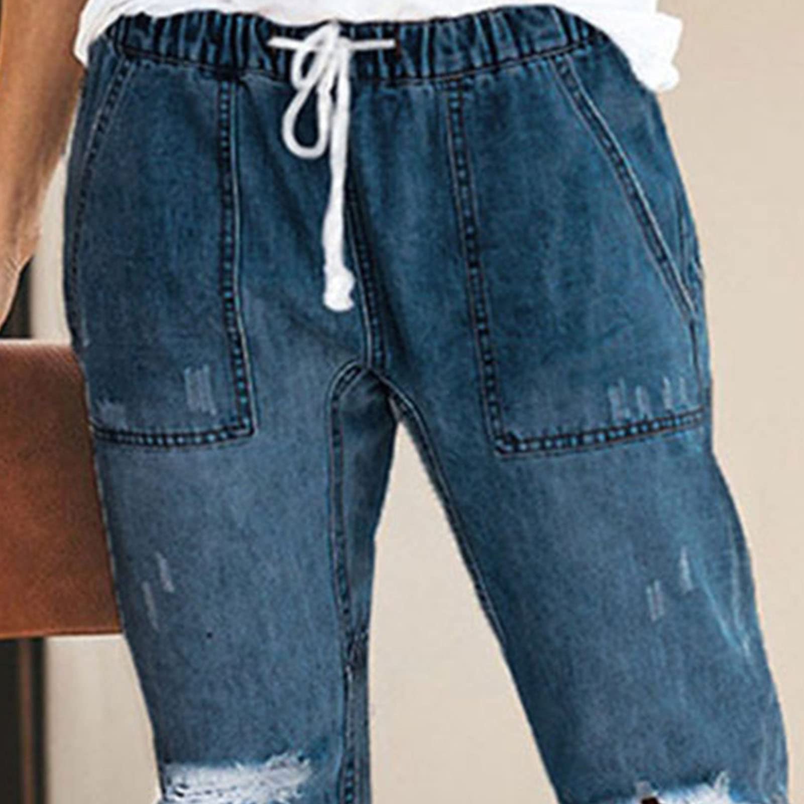 Maiyifu-GJ Women Pull On Distressed Denim Joggers Relaxed Fit Ripped Straight Leg Jeans Mid Rise Elastic Waist Boyfriend Jean (Blue,Small)