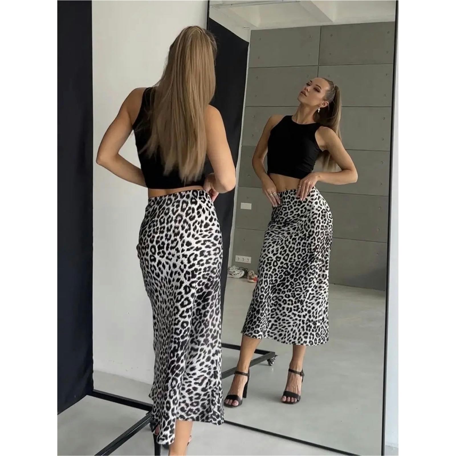Jupes Femme Jupe Maxi À Imprimé Léopard en Satin Féminin - Jupe Longue Élastique Haute Taille pour Vêtements Décontractés Et en Soirée-Blanc-XL