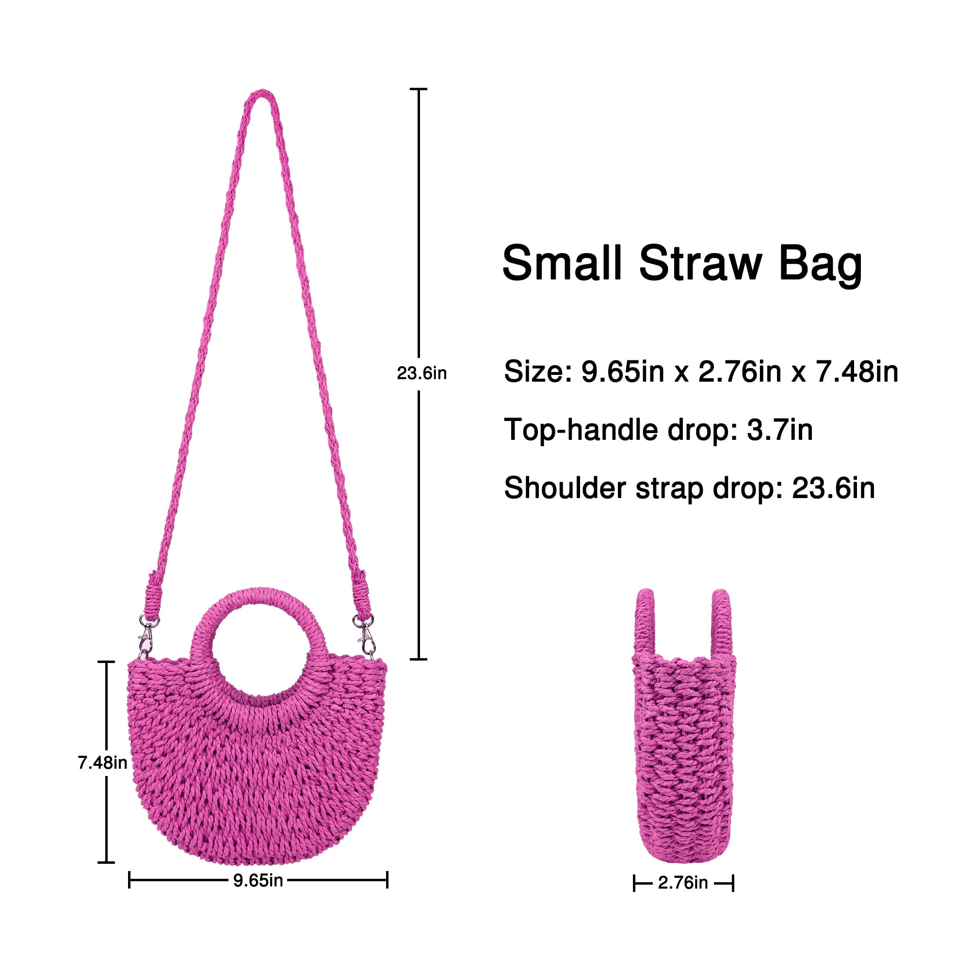 Sac de plage en paille tissée pour femme avec poignée sur le dessus, rose rouge