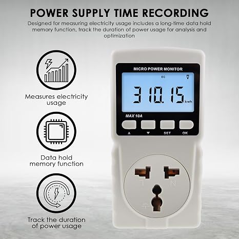 Electricity Monitor, Digital Power Overload Protection LCD Plug in Power Watt Voltage Meter, 8 Display Modes for Energy Saving, Watt Meter Outlet, Energy Consumption Factor, Power Consumption Monitor