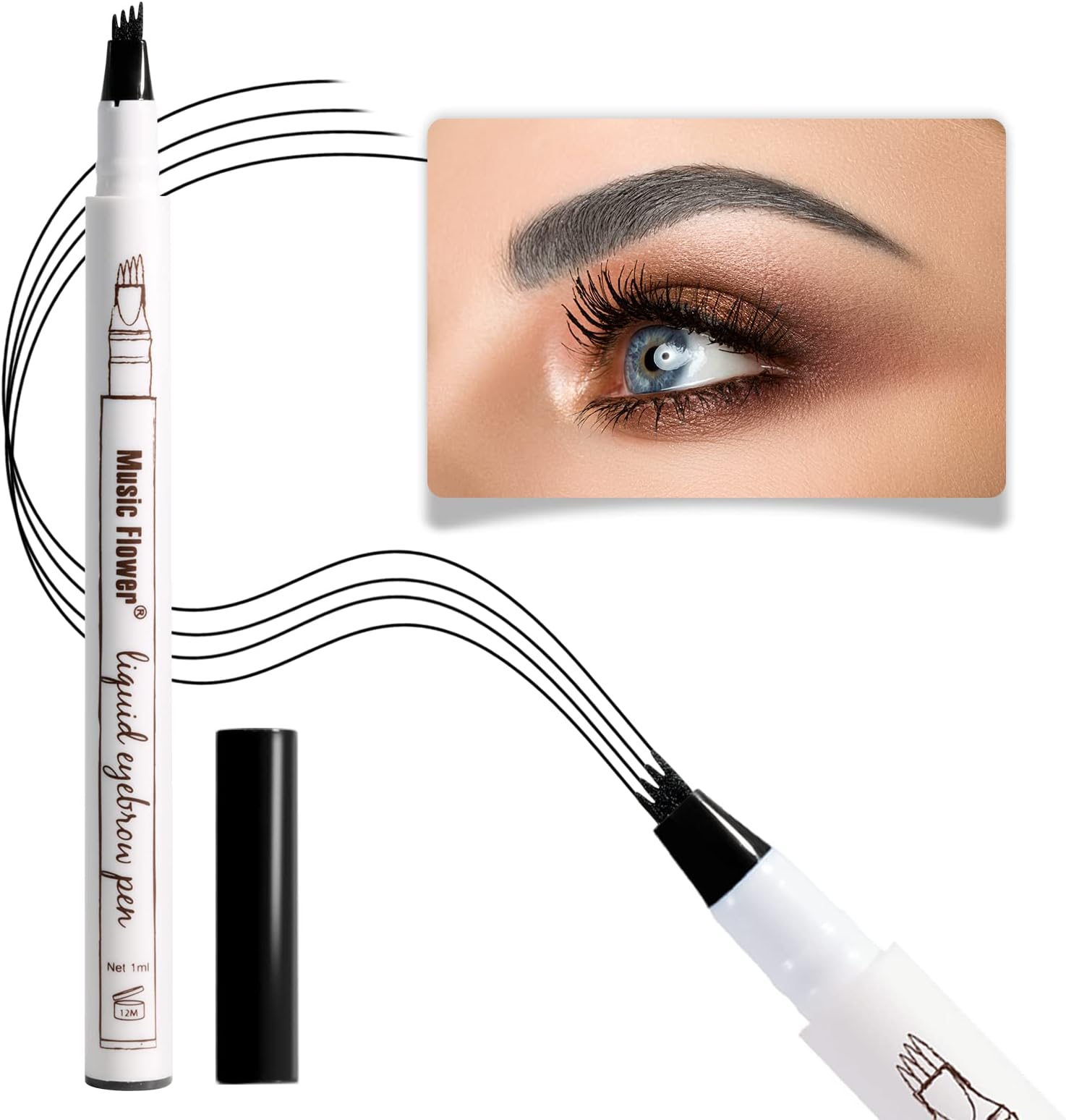 Music Flower Eyebrow Pencil, Black Brow Pencil, Waterproof Brow Pen with 4 Micro-Fork Tip, Smudgeproof Fine Sketch Long Lasting Pen