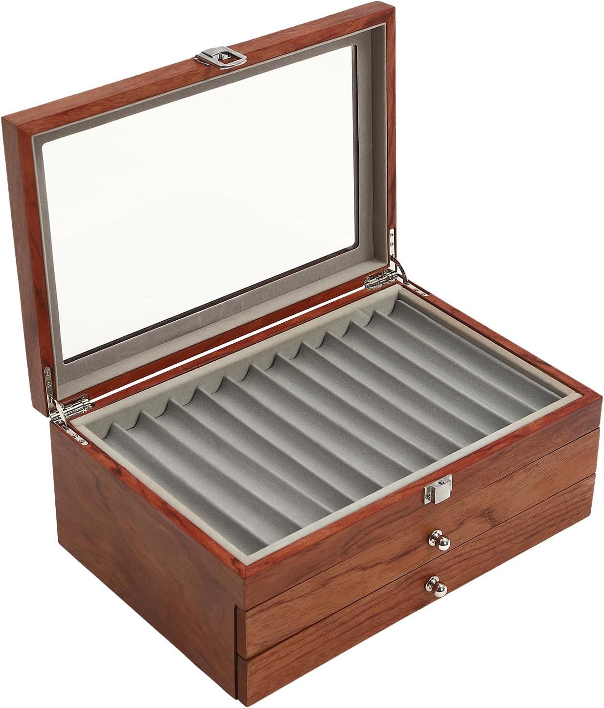 34 Slots Wooden Pen Display Box, 34 Pens Storage Fountain Pen Collector Case with Clear Window Large Organizer Box Rosewood Storage Collection with Drawer Gifts for Man Father Boyfriend Husband
