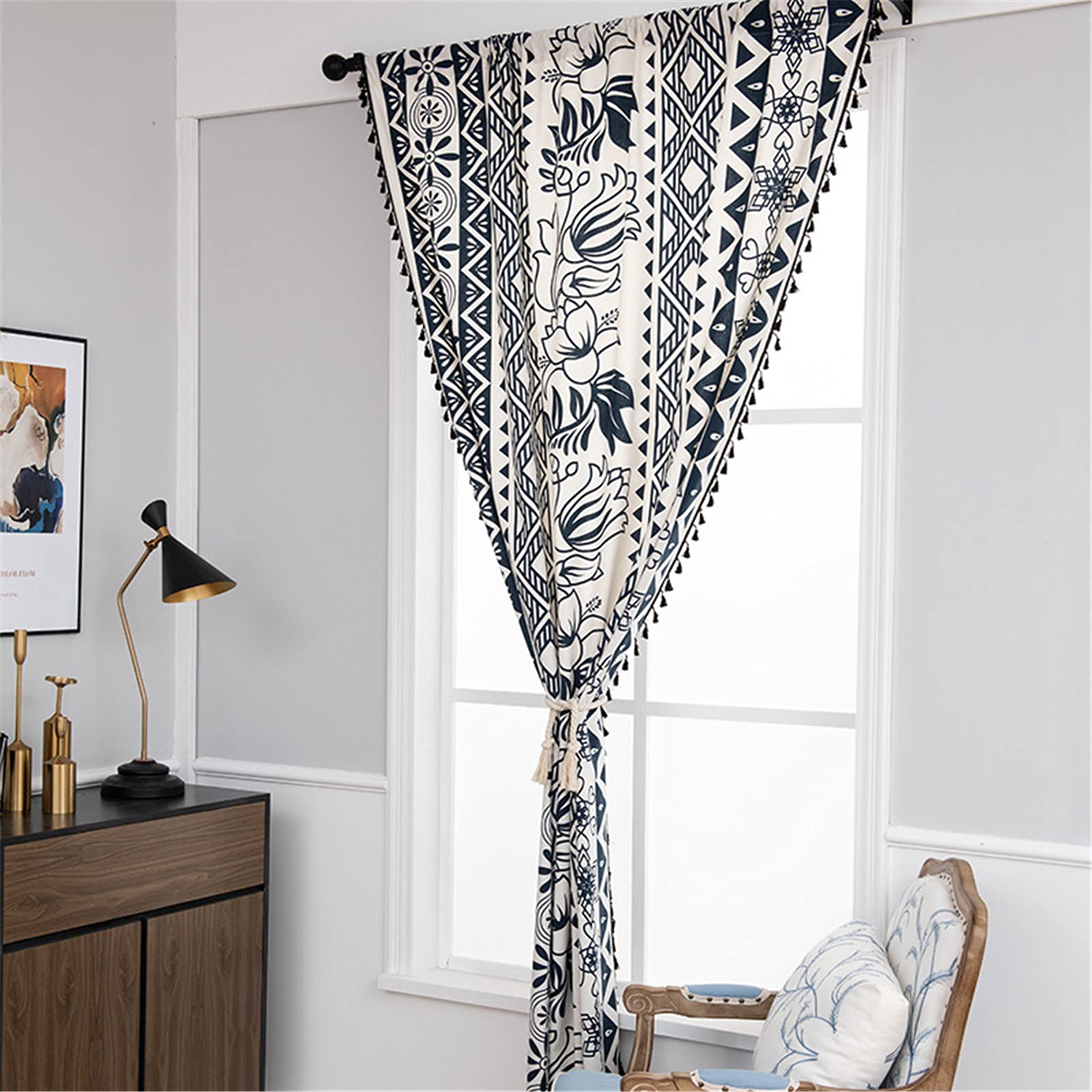 SWECOMZE 1 tenda in lino boho, effetto lino, con nappa, per soggiorno, camera da letto, motivo geometrico, tenda oscurante (stile B, 160 x 150 cm (A x L)
