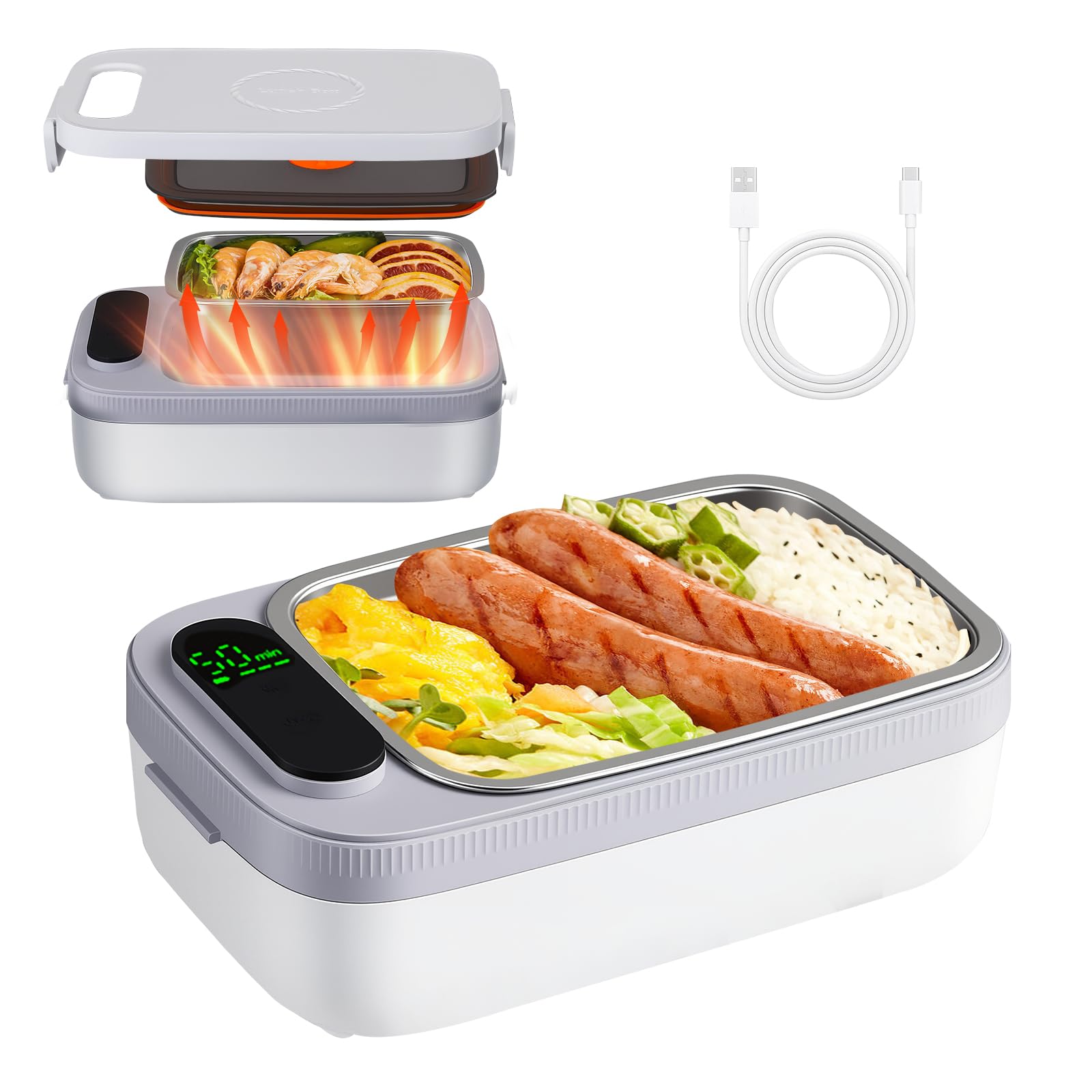 Fiambrera eléctrica con batería, 14.000 mAh, 1 L, inalámbrica, para adultos, con función de calentamiento automático, fiambrera calefactable por USB, recipiente interior de acero inoxidable