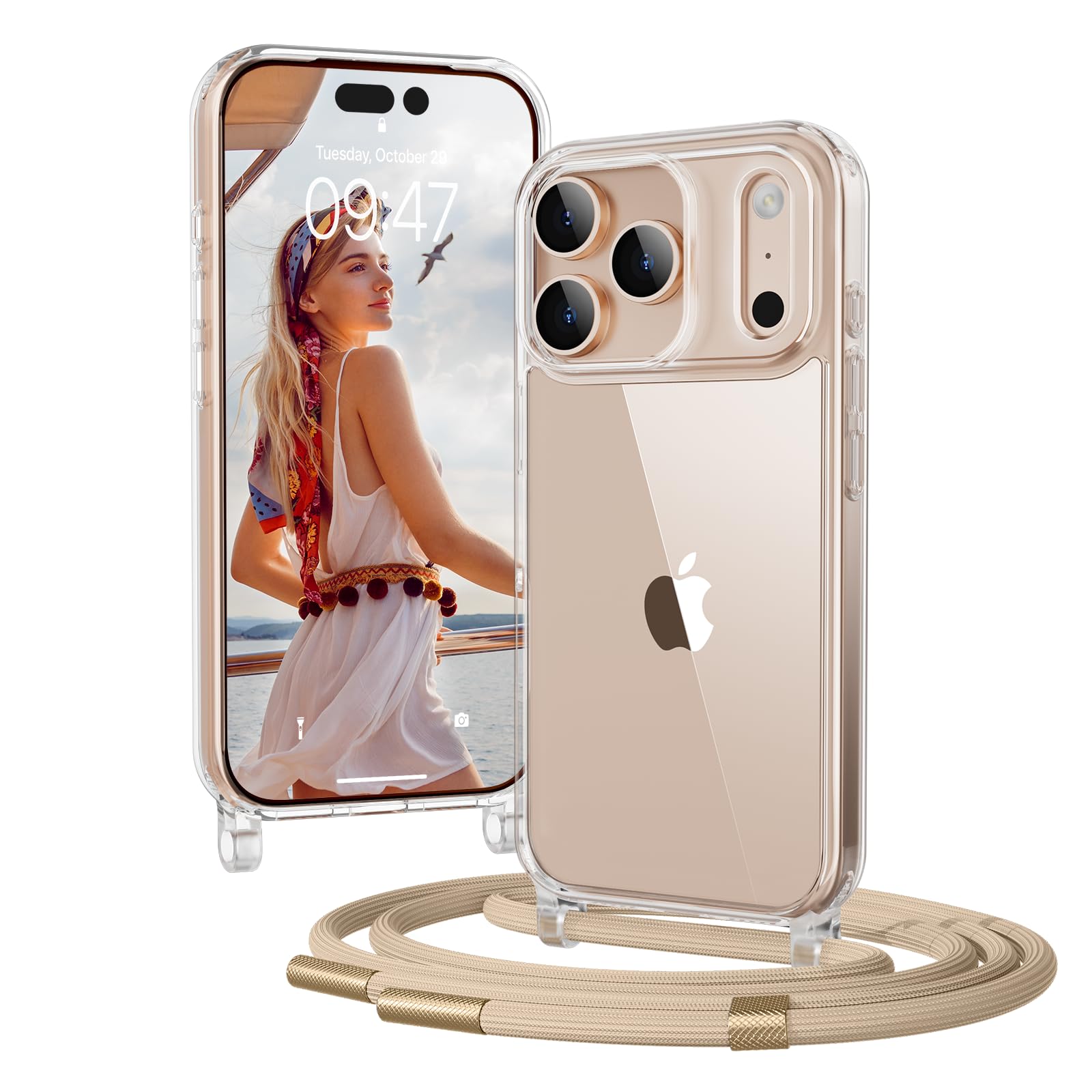 OLEPHY Handykette für iPhone 17 Pro Max Hülle mit Band, Golden | Necklace Handyhülle, Transparente Schutzhülle zum Umhängen [Verstellbarem und Demontage Umhängeband],