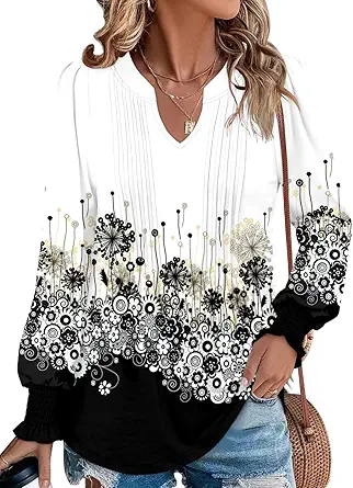 BETTE BOUTIK Long Sleeve Shirts for Women Fall Tops Dressy Blouses Pleated V Neck Tunic Tops for Leggings S-3XL