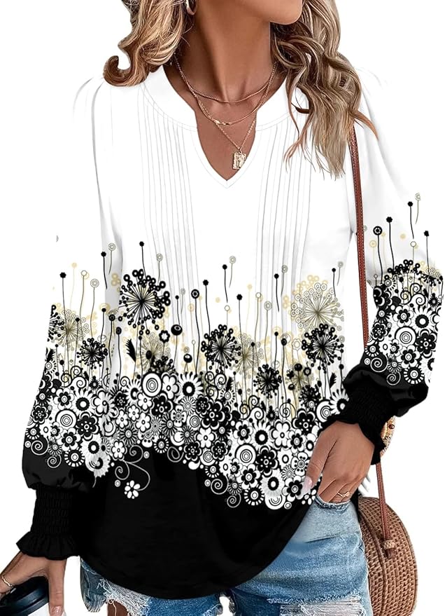 BETTE BOUTIK Long Sleeve Shirts for Women Fall Tops Dressy Blouses Pleated V Neck Tunic Tops for Leggings S-3XL