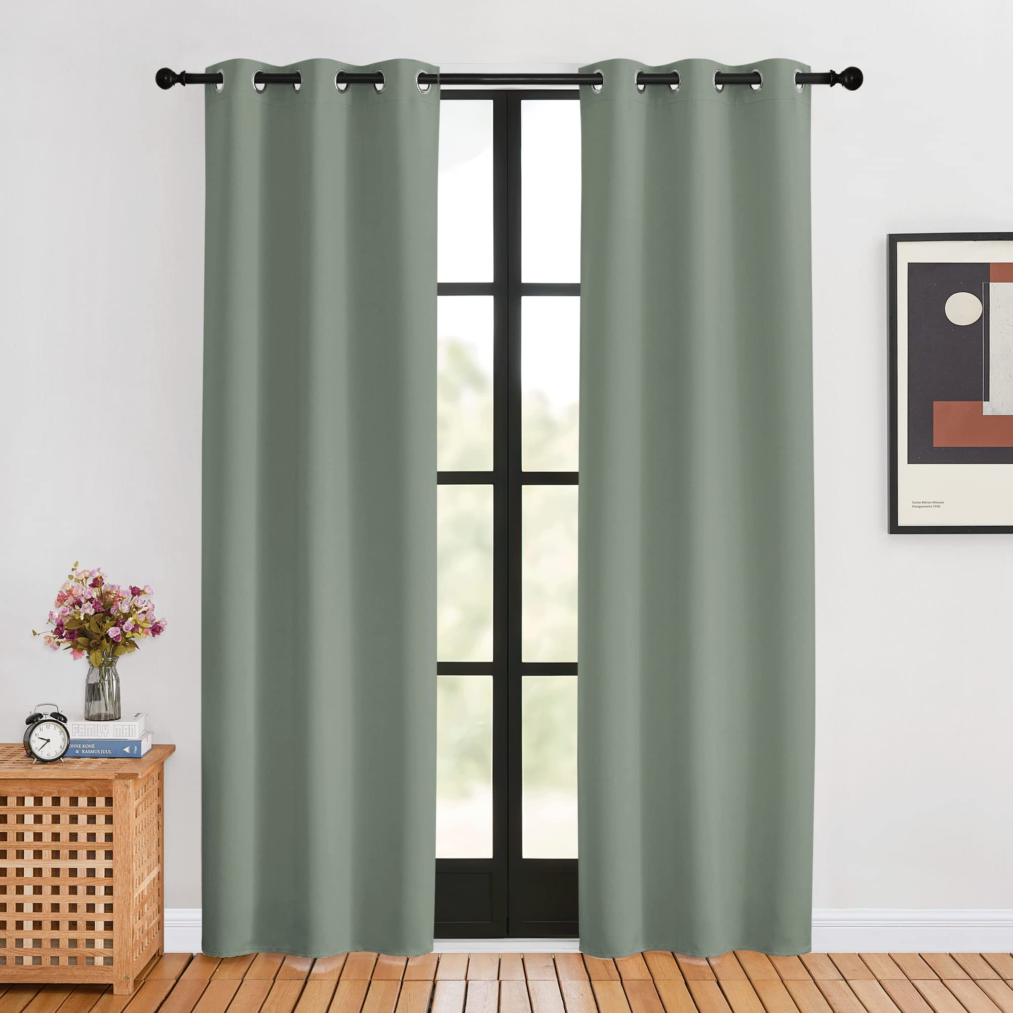 NICETOWN Window Curtain Panels, Greyish Green, 1 Pair, 34 by 80-inch, Thermal Insulated Solid Grommet Blackout Draperies/Drapes for Basement