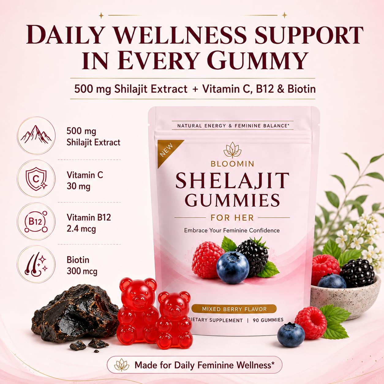 CodinAgrin Bloomin Shilajit Gummies for Women, Shilajit Extract, Vitamin C, B12 & Biotin, Daily Energy & Vitality Support, Mixed Berry Flavor, 90 Count — Amazon image 2