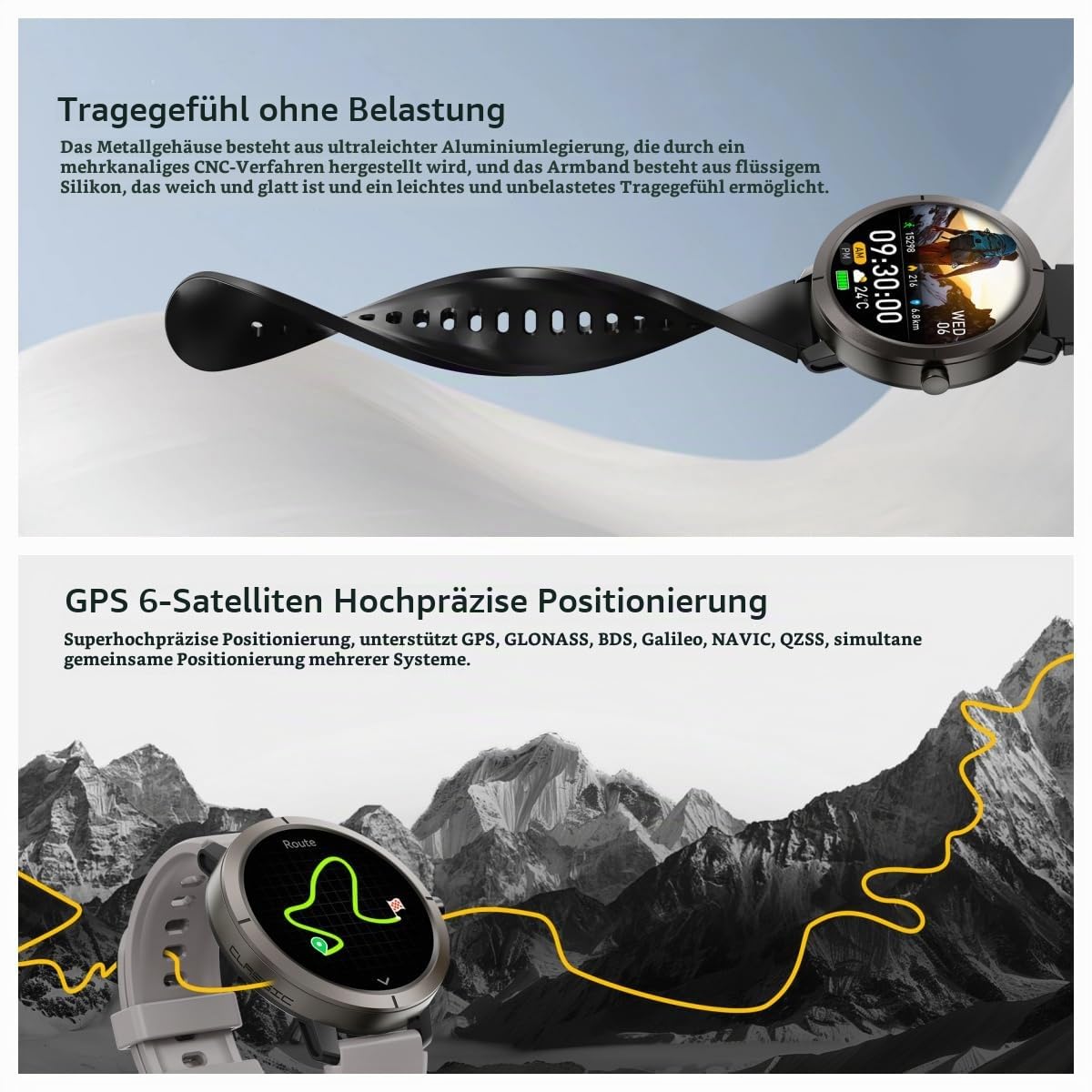 beyerswerk Alpha Sport Smartwatch mit GPS für Männer und Frauen, wasserdichte 5 ATM Schwimmuhr, Anrufe tätigen/annehmen, 1.32'' AMOLED-Display, Fitness-Tracker, Herzfrequenz- und Schlafmonitor