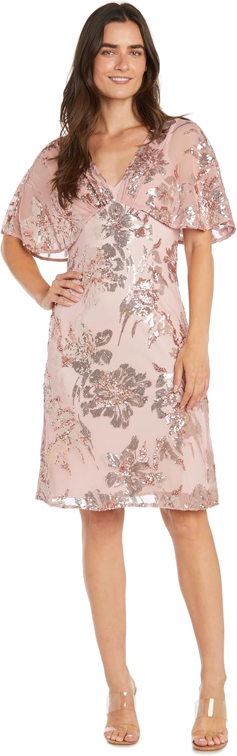 R&M Richards Elegant Knee-Length Beaded Floral Dress W/Sheer Capelet & Flutter Sleeves