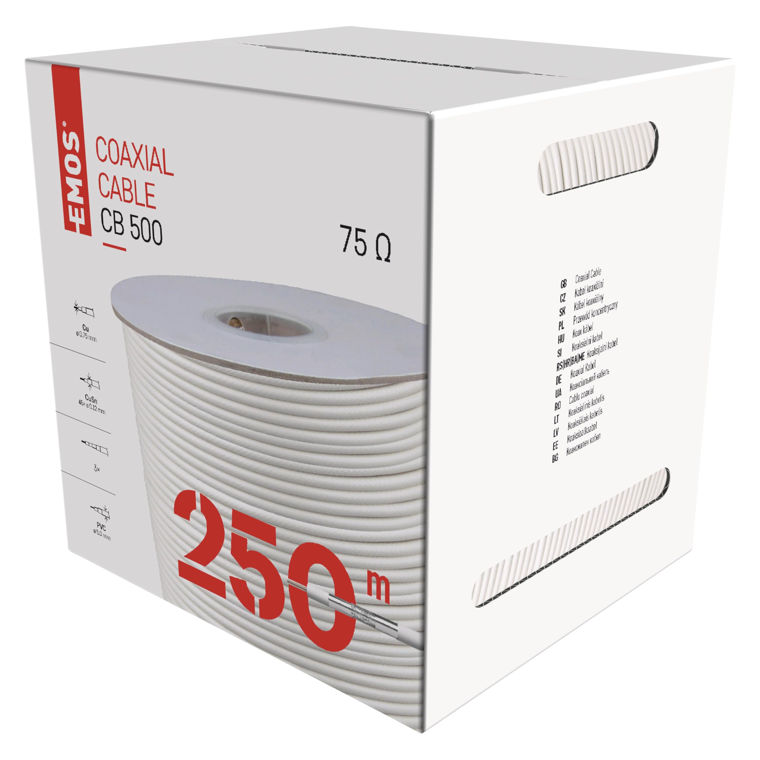 EMOS Cable coaxial de 250 m para satélite, TV y CCTV, tipo CB113 LSZH, triple apantallamiento, clase A+, triple apantallamiento, 75 ohmios, color blanco