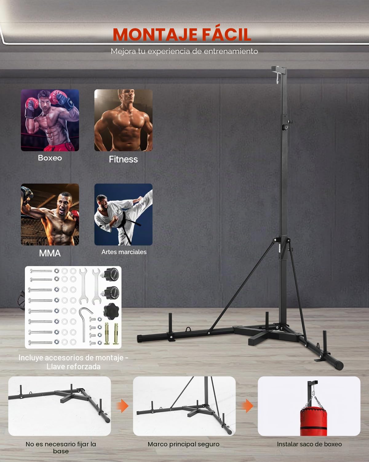 VEVOR Soporte para Saco de Boxeo con Marco de Acero Soporta hasta 65 kg Soporte a Saco de Arena Independiente con Base con Peso Equipo de Entrenamiento para Gimnasio en Casa, 118 x 118 x 232 cm