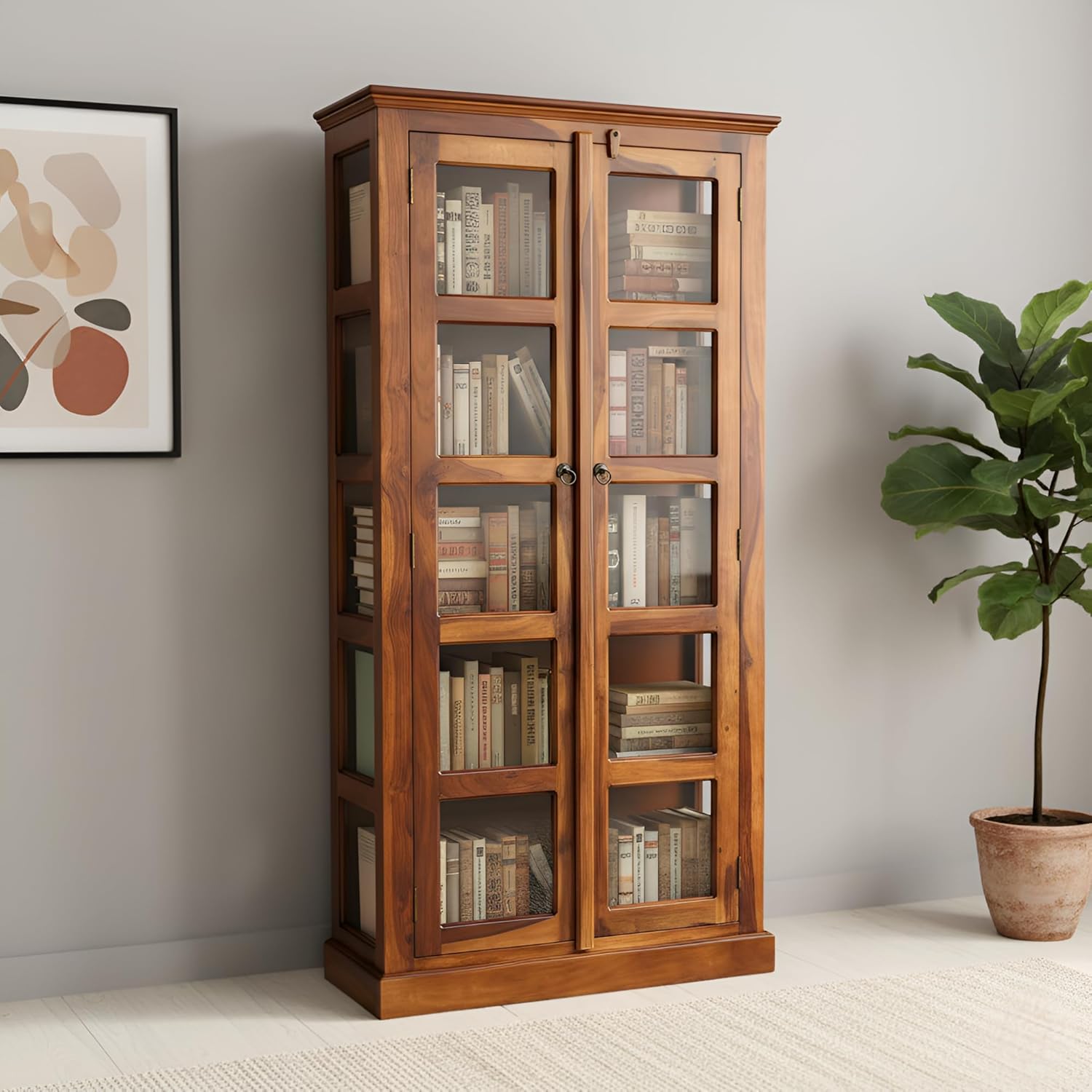Solid Sheesham Wood Display Cabinet with Glass 2 Doors | Spacious Wooden Showcase for Living Room, Dining Room & Home Storage | Natural Finish-image-4