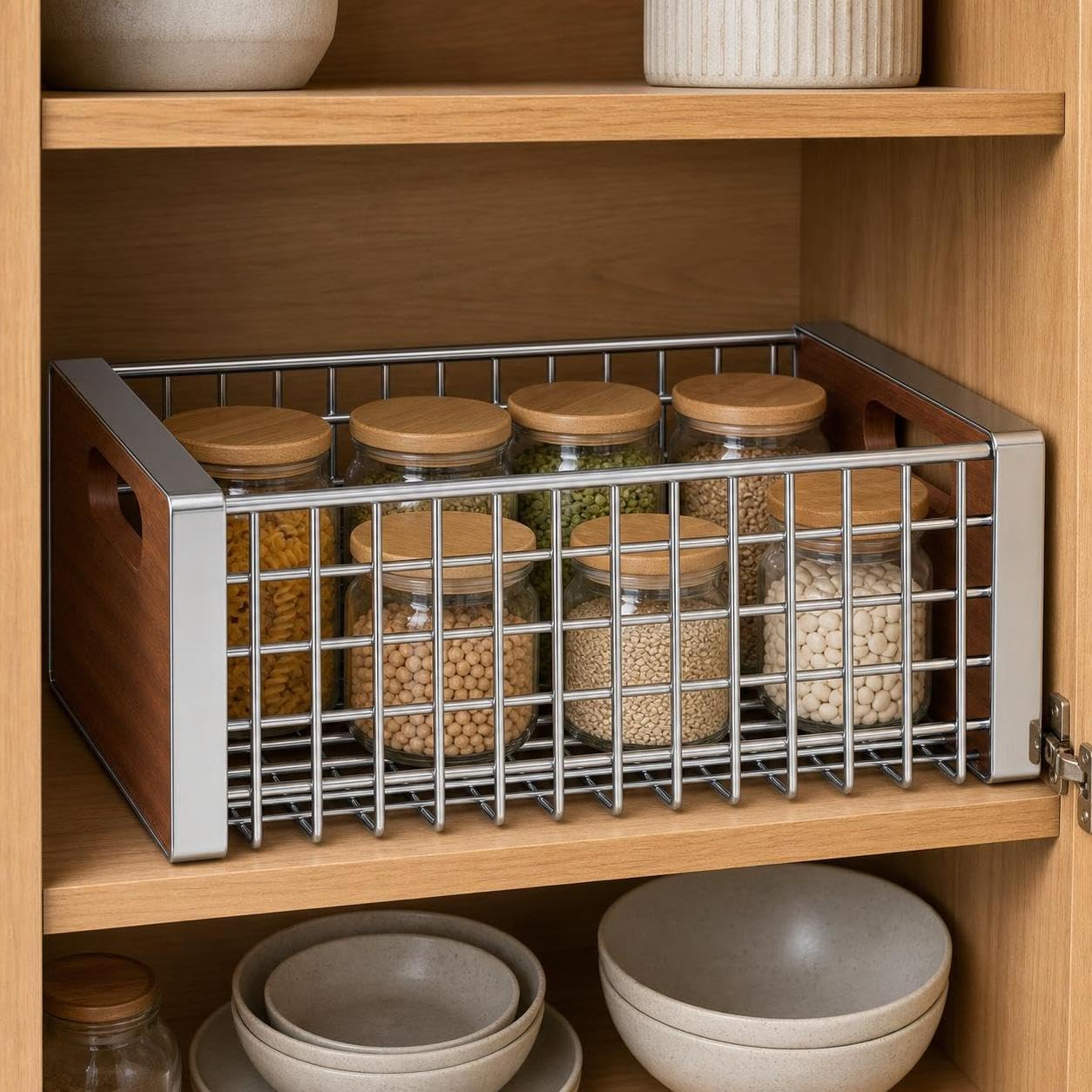 Cesta organizadora metal retro con para el hogar, para la cocina - para el baño, Estante de almacenamiento de aperitivos pequeño galvanizado - 1 nivel - tablero de madera