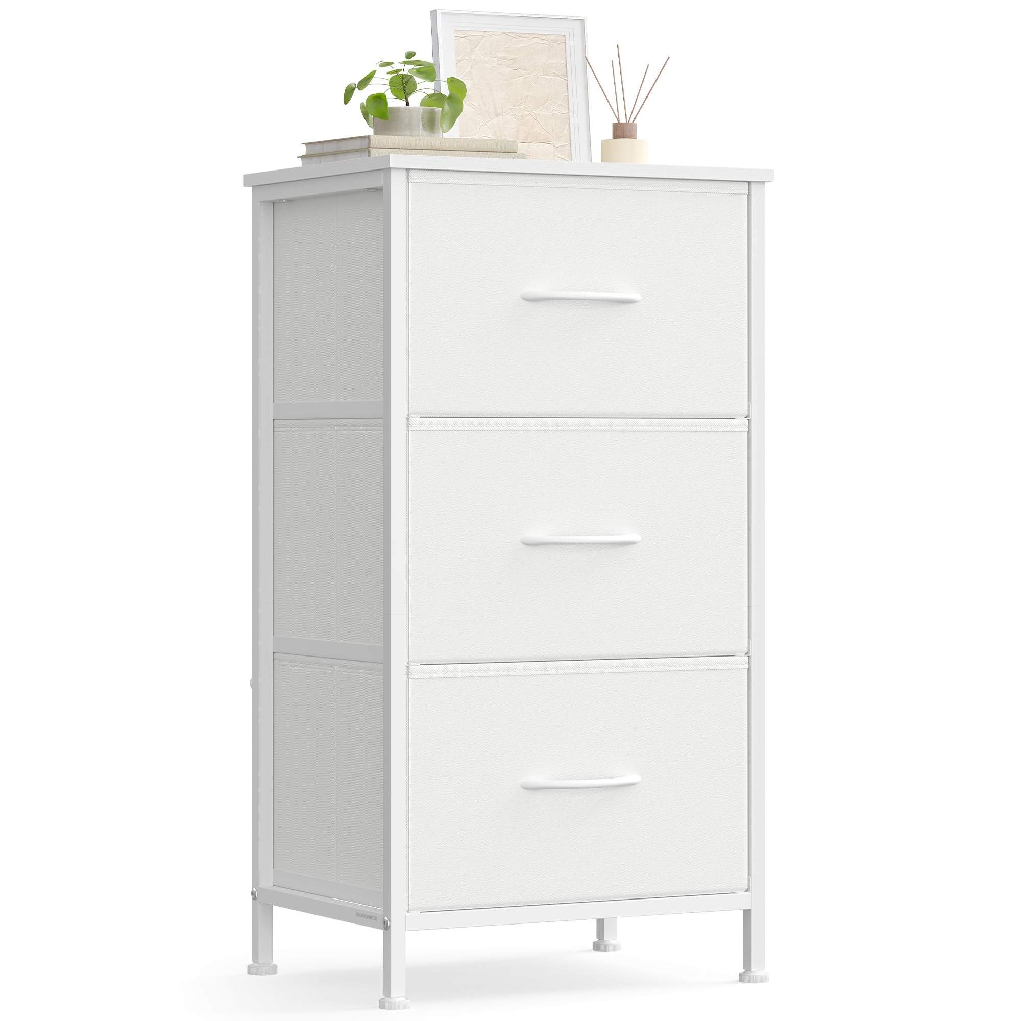 SONGMICS Kommode, Schrank, 3 Stoffschubladen, Aufbewahrungsschrank, Stahl, MDF, Vliesstoff, für Schlafzimmer, Flur, Wohnzimmer, wolkenweiß-schneeweiß LGS313WH01