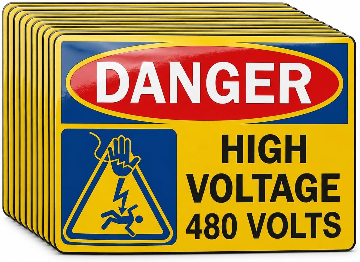 DANGER High Voltage 480 Volts Lable Sticker for Electrical Warning Signs,10 PCS Vinyl Adhesive Sticker for Warn Electrical Hazards