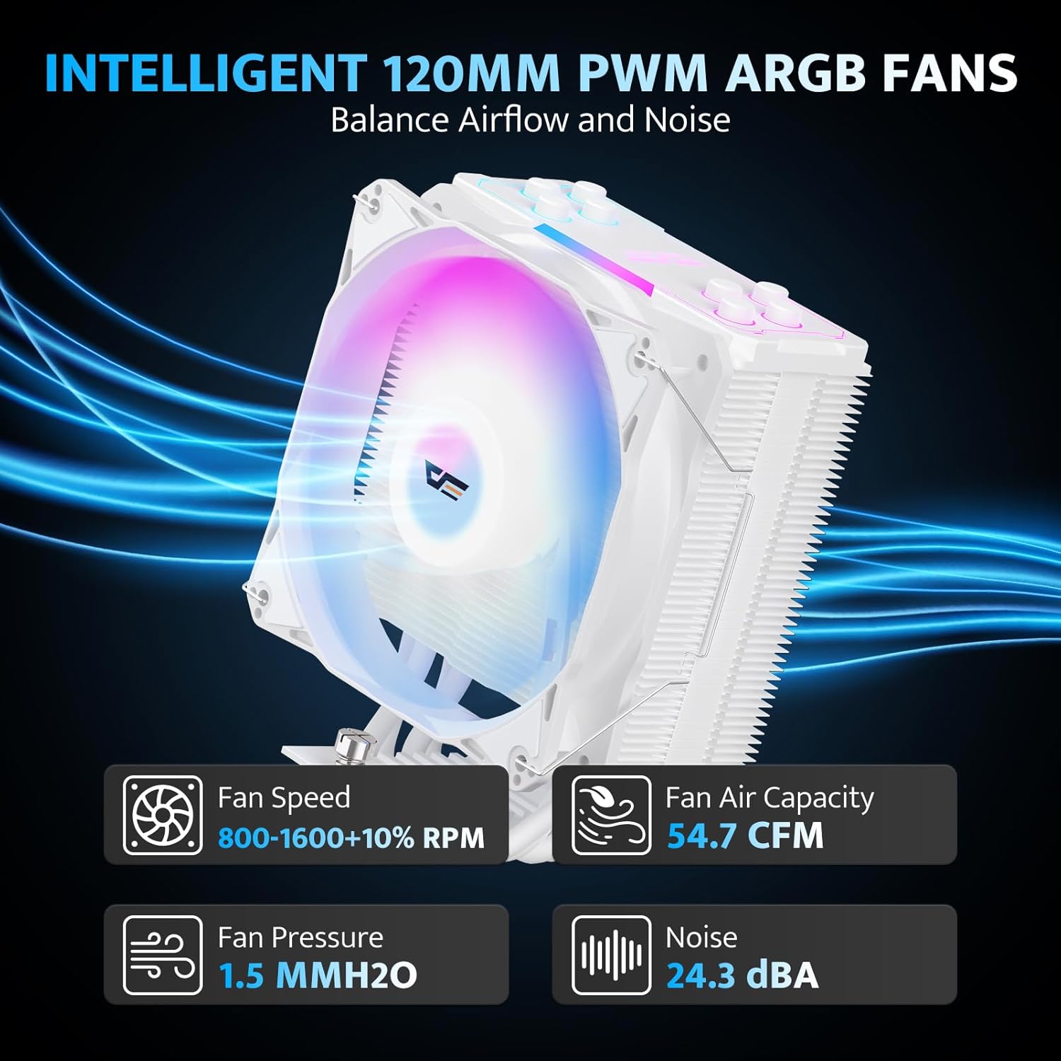 darkFlash Z4Pro Mist CPU Cooler, 120mm Single-Tower, TDP 200W, 4×Ф6mm Heatpipes, ARGB PWM PC Fans, CPU Air Cooler Compatible with Intel LGA115x/12xx/17xx; AMD AM4/AM5, 155mm in Height(White)