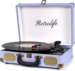 Vinyl Record Player 3-Speed Bluetooth Suitcase Portable Belt-Driven Record Player with Built-in Speakers RCA Line Out AUX in Headphone Jack Vintage Turntable Purple