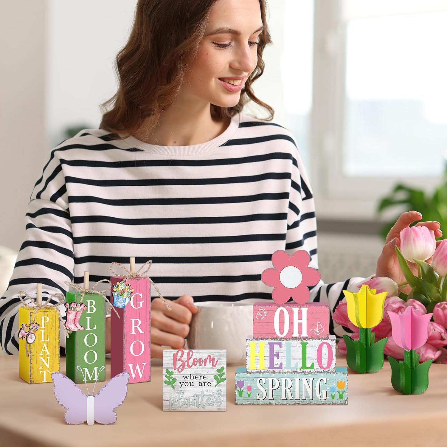 Vercraft 11 Pcs Spring Table Decorations Tulips Tiered Tray Decor Butterflies Home Centerpiece Decorative Wood Books Table Top Decor Flower Wooden Sign for Party Supplies