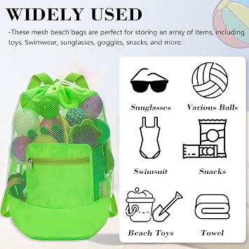 INVODA Mesh Beach Bag Drawstring Beach Backpack Foldable Toy Organizer Bag Shell Adjustable Straps Large Capacity Swim Bag