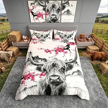 Loussiesd Highland Cow Comforter Cover Cute Red Floral Cattle Bedding Set Kids Girls Women Men Cherry Blossom Duvet Cover Western Bull Cow Print Bedspread Cover Exotic Wild West Animal King