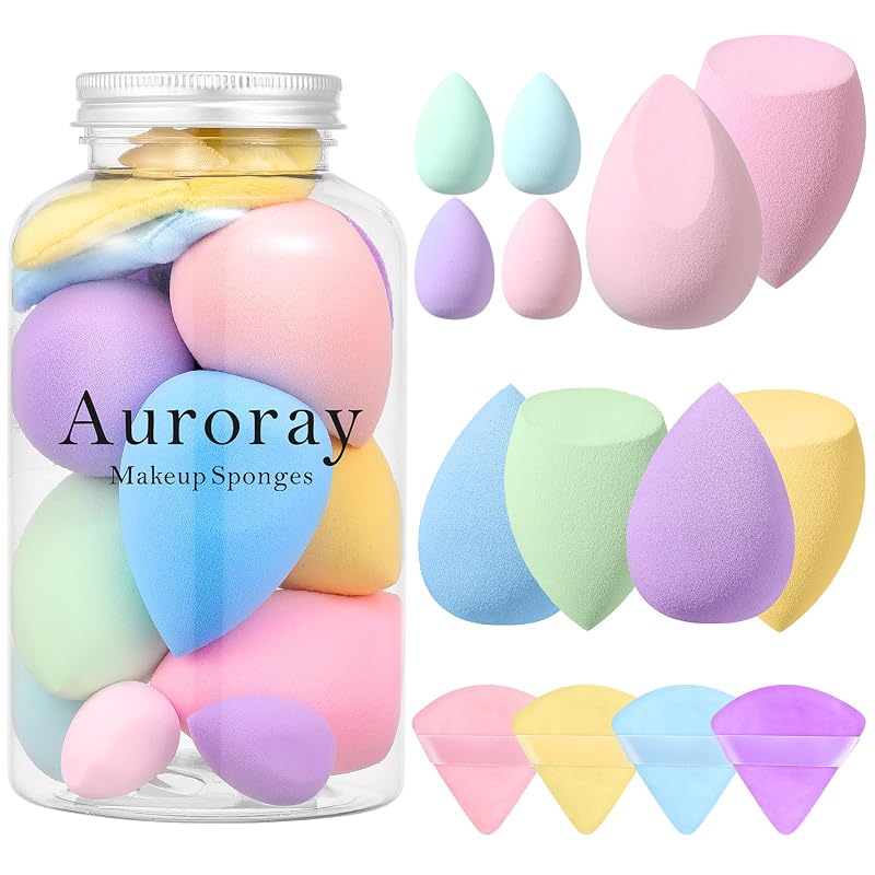 Kit auroray com 14 esponjas para maquiagem, 6 esponjas grandes, 4 mini esponjas e 4 aplicadores de pó