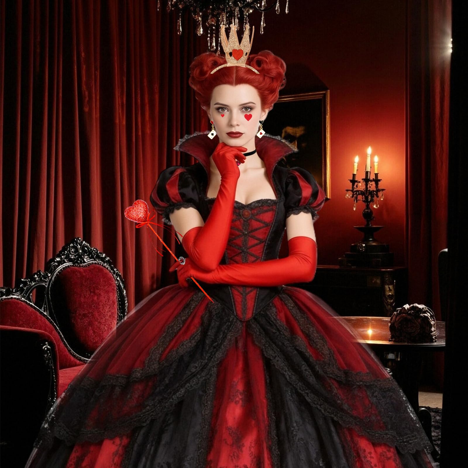 Atomvia 7 Pcs Red Heart Royal Costume Accessories Set-Crown, Gloves, Earrings, Necklace, Wand - Image 3