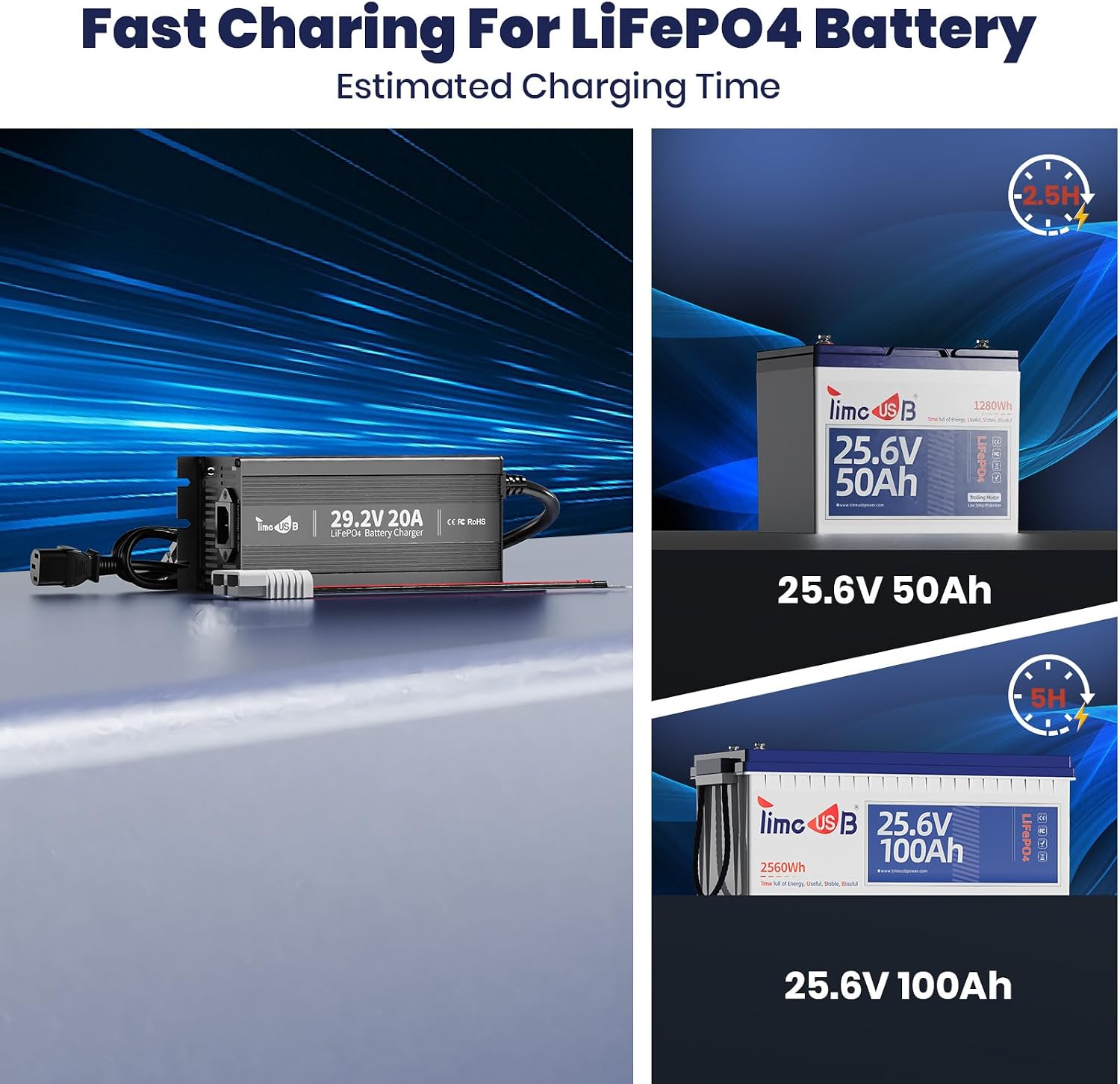 Timeusb 24V 20A Mini LiFePO4 Lithium Battery Charger with LED Indicators