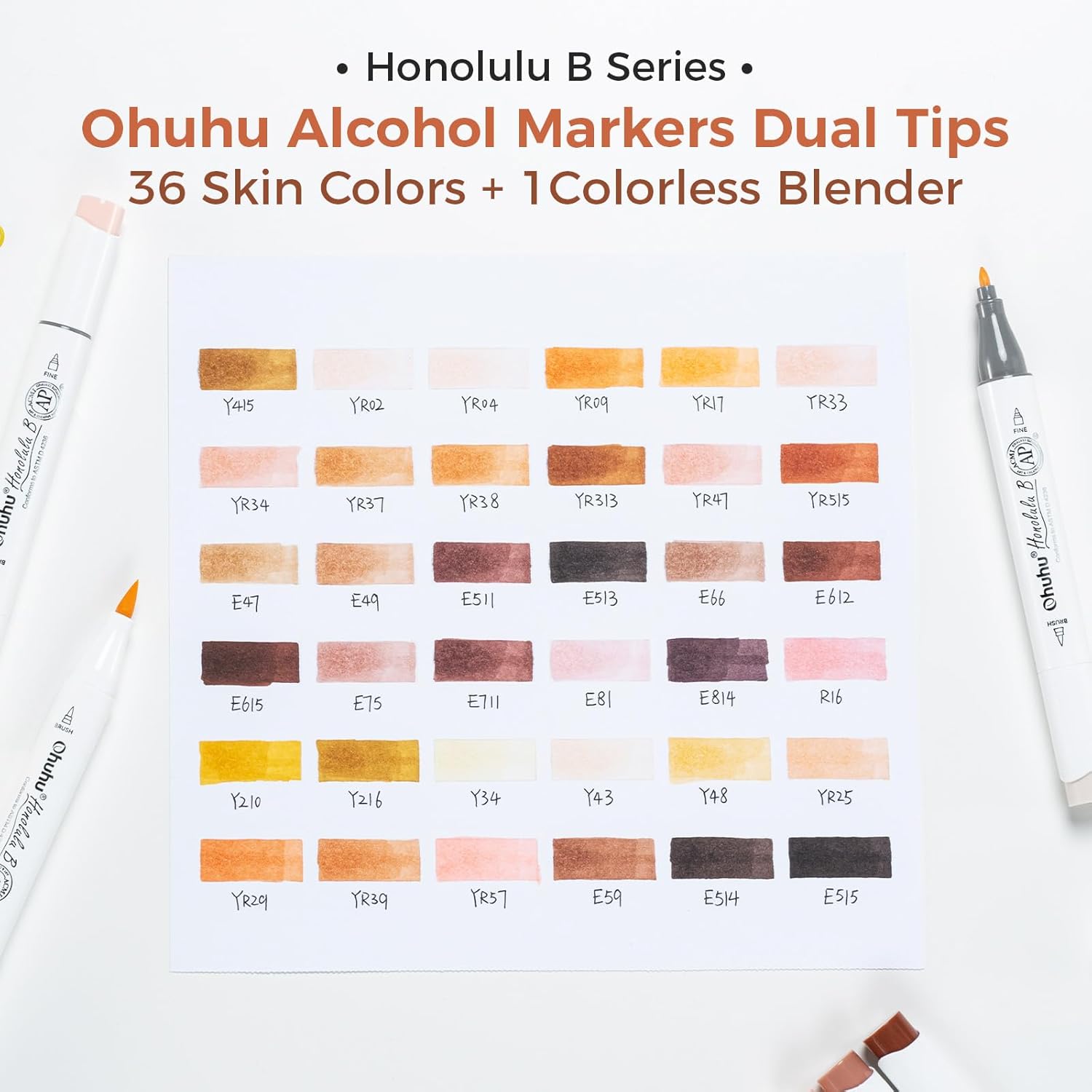 Ohuhu Skin Tone Alcohol Markers Brush Tip - 36 Portrait Skin Color Markers for Artist Adults Coloring Illustration - Fine and Brush Dual Tips - Honolulu B - Refillable - AP Certificated - Image 5