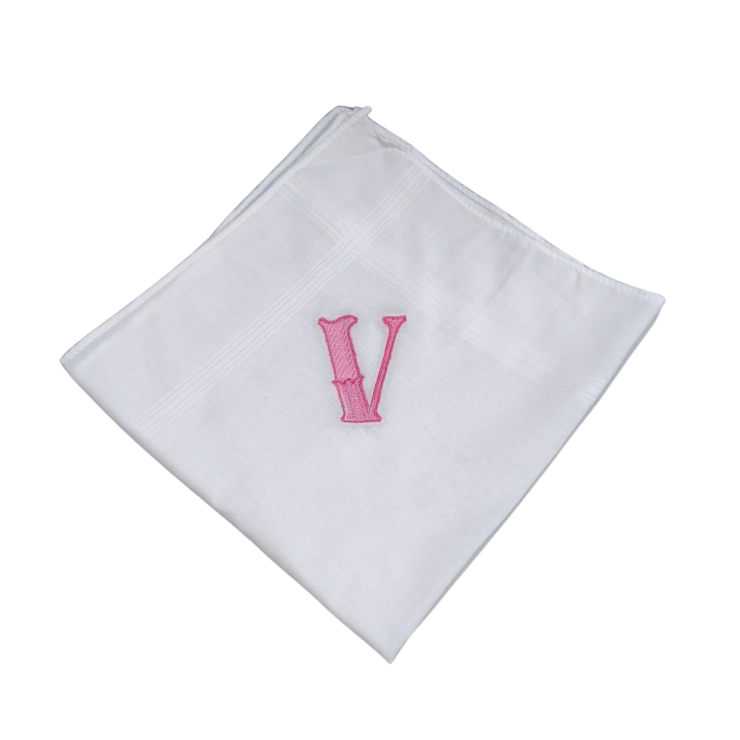 SAE Elegantly Embroidered PINK BOLD LETTER - V Cotton Hand Kerchief Pack of 1 (White)-image-31
