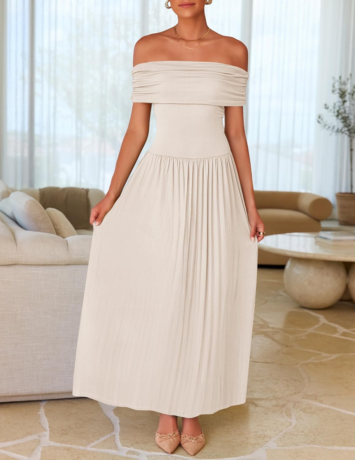 ZESICA Women's Off The Shoulder Maxi Dress 2026 Summer Sleeveless Casual Slim Swing Pleated Formal Party Dresses - Image 8